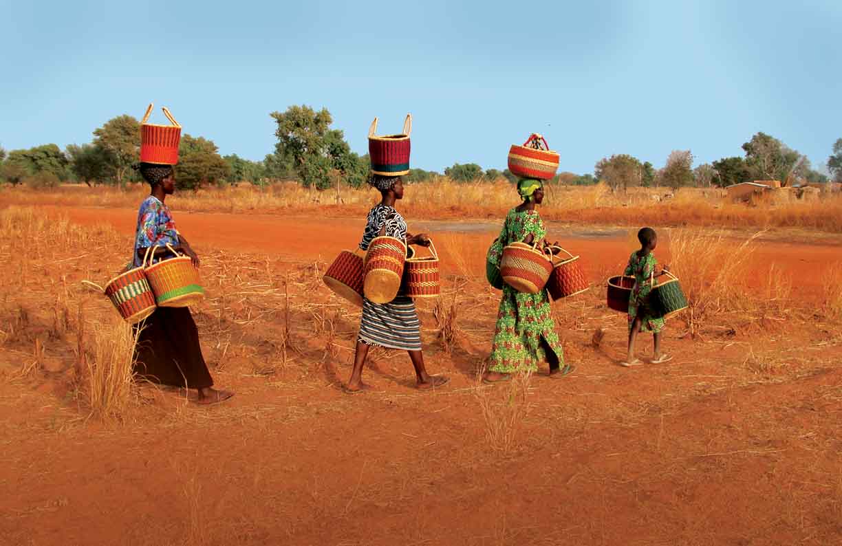 women caring baskets in an African field